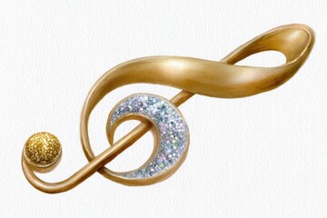 Golden music note with a glitter effect, isolated on a white background. A golden musical clef in a watercolor style.
