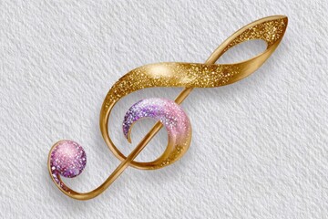 Golden music note with a glitter effect, isolated on a white background. A golden musical clef in a watercolor style.