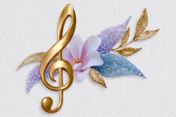 Golden music note with a glitter effect, isolated on a white background. A golden musical clef in a watercolor style.