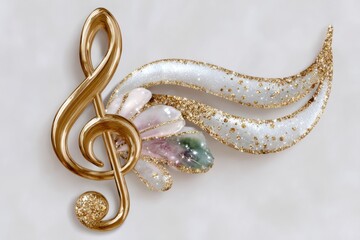 Golden music note with a glitter effect, isolated on a white background. Gold music symbol in the shape of a treble clef with golden splashes and swirls.