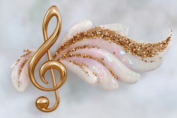 Golden music note with a glitter effect, isolated on a white background. Gold music symbol in the shape of a treble clef with golden splashes and swirls.