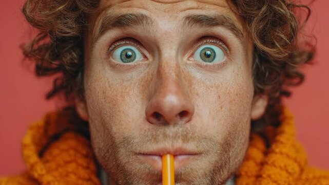 Funny surprised curly haired man drinking with straw multiple image display