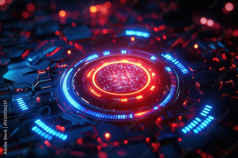 Aufkleber visual representation of a futuristic digital interface with vibrant red and blue accents on a high-