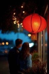 Fototapeta premium Red lantern illuminates evening street with young couple in background