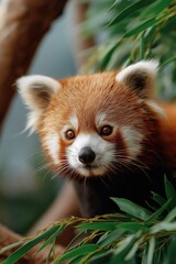 Naklejka premium Curious red panda among lush green foliage