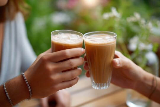 Two people toasting iced coffee drinks outdoors with blurred greenery background - Powered by Adobe