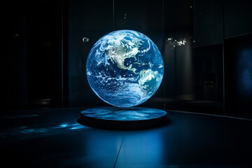 A holographic display of Earth glowing in a dark room with futuristic technology