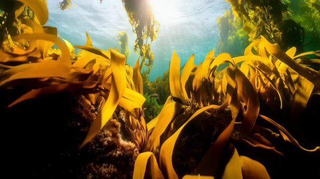 Underwater scene of flowing golden kelp with sunlight streaming through the clear blue water and green algae on the ocean floor
