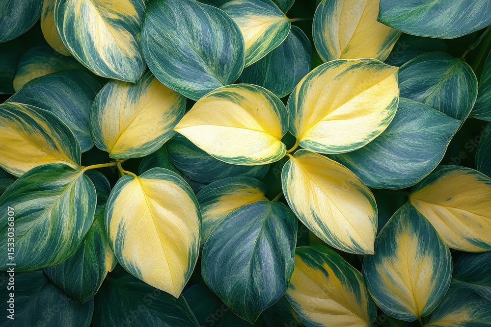 Poster colorful variegated leaves create a vibrant display in a lush garden setting during daytime in sprin