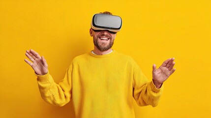 Naklejka premium Happy Man Enjoying Virtual Reality Experience with Virtual Headset