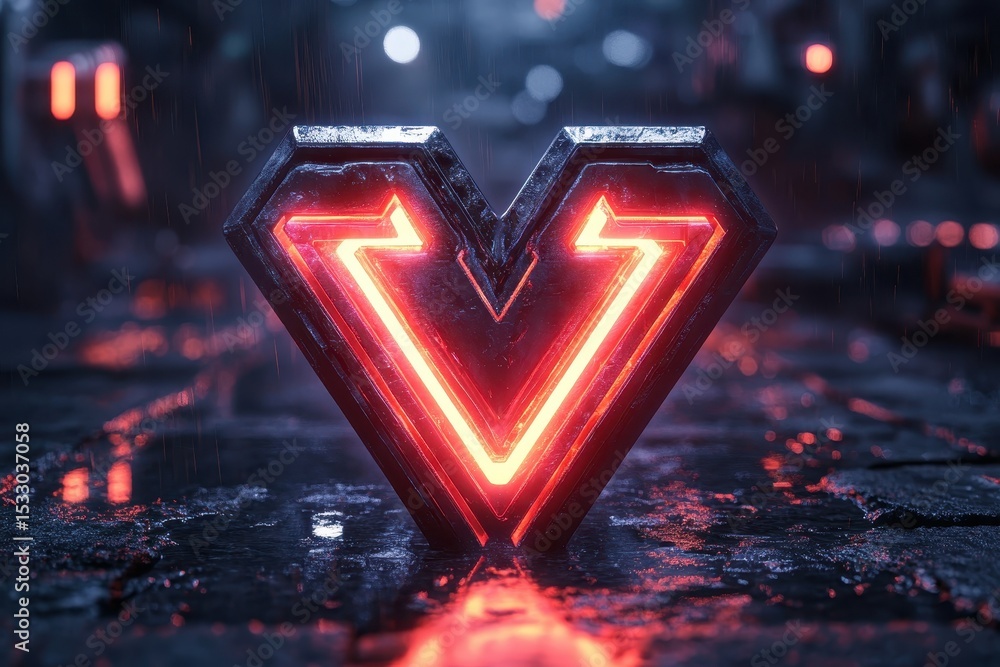 Poster stylized metallic emblem with glowing purple accents on a dark background during a futuristic design