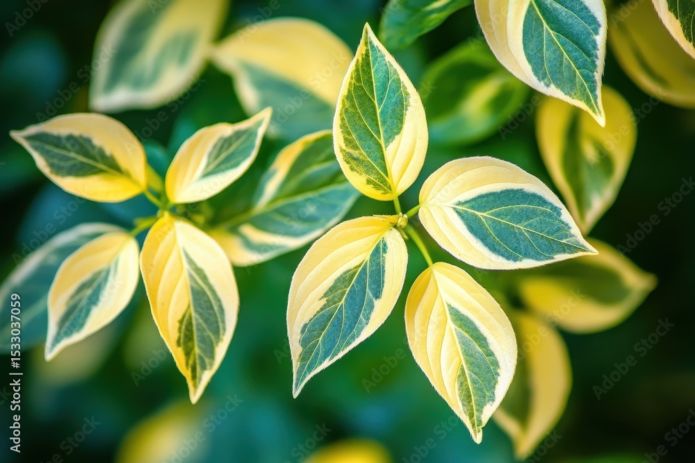 Poster colorful variegated leaves create a vibrant display in a lush garden setting during daytime in sprin