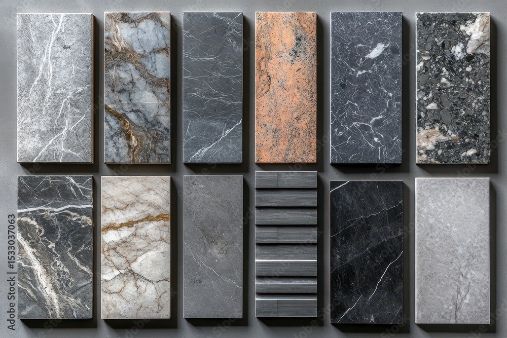 Poster Various marble textures and shapes arranged artistically on a gray surface showcasing intricate patterns and finishes