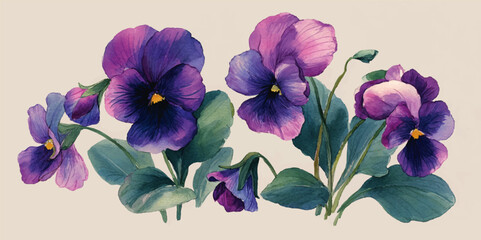 An exquisite arrangement of vibrant purple and white pansies in full bloom. Purple and Blue Pansy Flowers Blooming on White Background