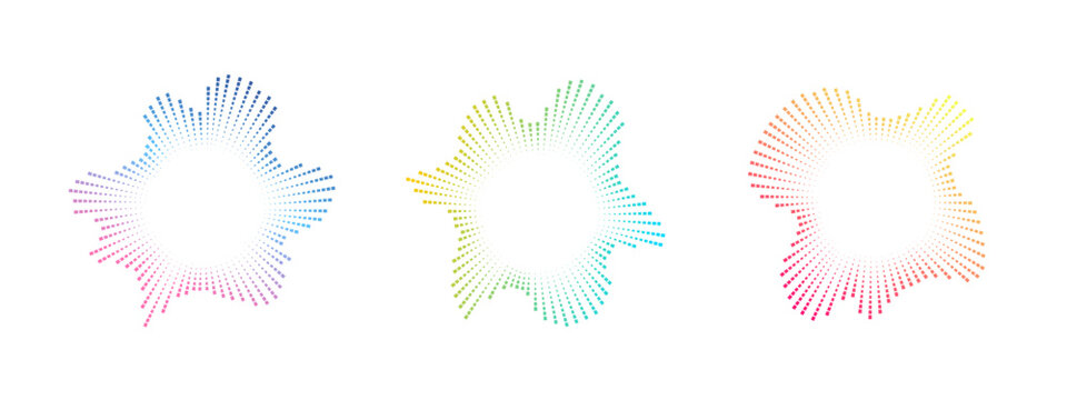A set of circular multicolor equalizers from bursting rays of musical sound. Radial sound, frequency sound neon waves . Pulsating music design element, circular waves. Vector radial spectrum.