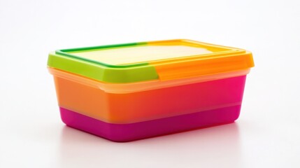 Close up of a colorful plastic container with green orange yellow and pink layers on white surface