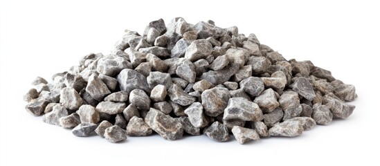 A pile of gray rocks and gravel on a white background in a studio shot for construction use