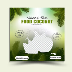 Fresh & Natural Food Coconut Refreshing Water Sale On Summer Promotion Ad Social Media Web Banner Flyer Design. Celebrate World Coconut Day with vibrant tropical coconut tree and fruit mockup template