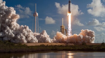 Rocket launch over a body of water