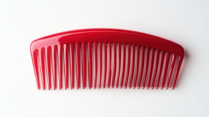 Close up shot of a red plastic comb with many teeth lying on a white surface in a studio setting