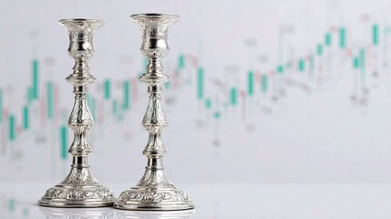 Obraz premium Elegant Silver Candlesticks on Dotted White Background with Chart