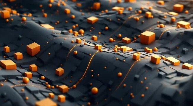 Undulating geometric patterns with cubes and spheres transitioning smoothly from one shape to the next in a seamless motion
