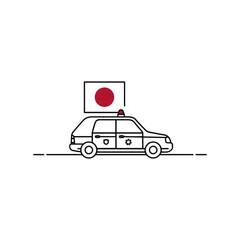 日本国旗を掲げたパトカーのミニマル線画アイコン。日本の警察活動、交通取締り、防犯・安全啓発資料に最適
