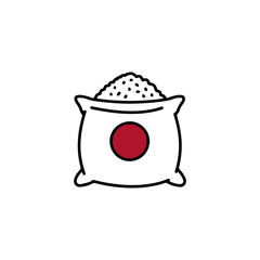 日本国旗マーク入り米袋を描いたミニマル線画アイコン。日本産米の輸出、食品物流、農業ビジネスを象徴します