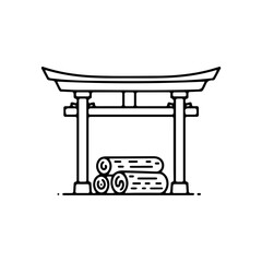鳥居の下に丸太を奉納したミニマル線画アイコン。神社建築や修復のための神木奉納を象徴するデザイン