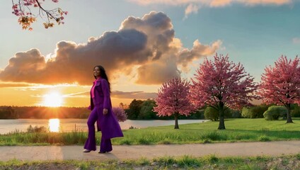 a beautiful African American woman wearing a full length purple trench coat, purple pants, walking gracefully, smiling beautifully near a lake at sunset - Powered by Adobe