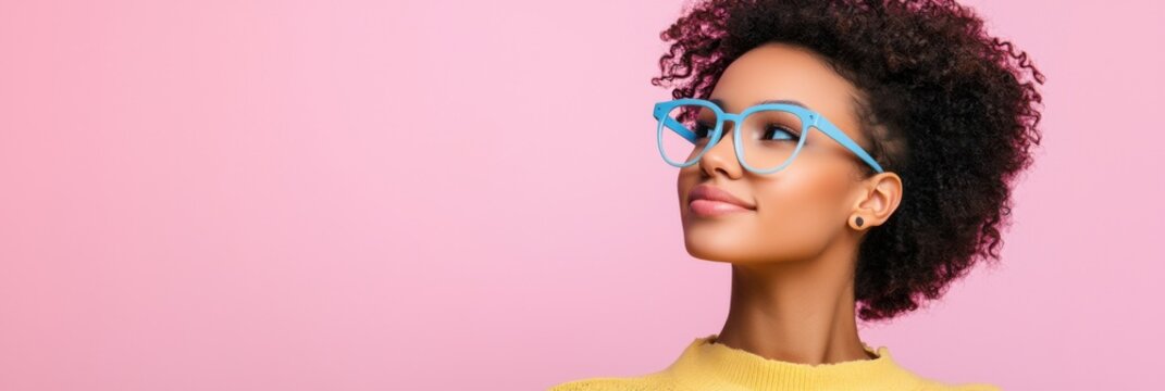 A confident young woman with curly hair and blue glasses looks thoughtfully to the side against a pink background.