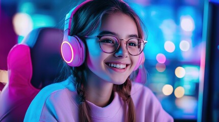 A young woman wearing glasses and pink headphones smiles brightly while gaming in a neon-lit room with colorful bokeh lights in the background.