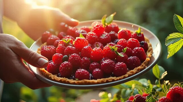 Close-up of hands holding raspberry tart outdoors in golden light, delicious food, dessert, healthy lifestyle, sweet treat, summer dessert.