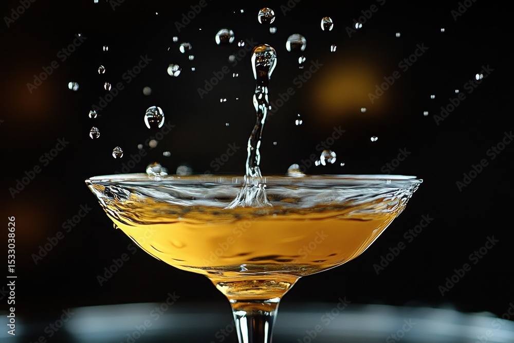 Poster Water splashing dramatically in a glass with reflections and bubbles captured in a close-up setting during evening light