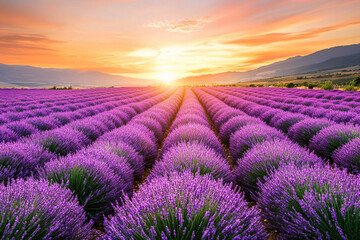 Fototapeta premium Beautiful lavender field at sunset with warm vibrant colors and a glowing sky in the background
