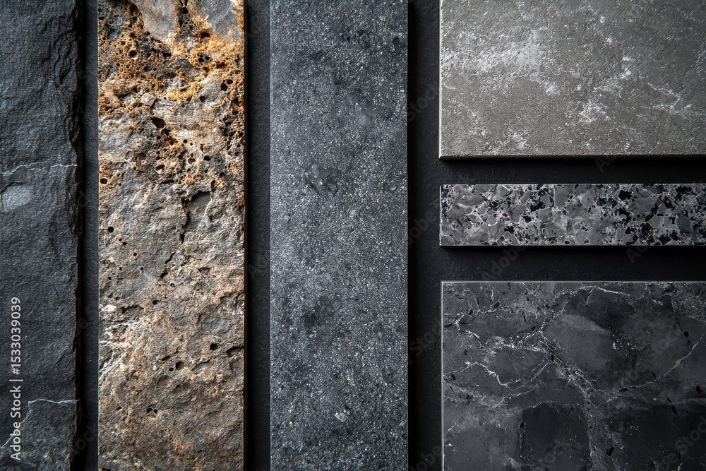 Poster Variety of textured stones arranged in a mosaic pattern showcasing different colors and finishes in a design layout