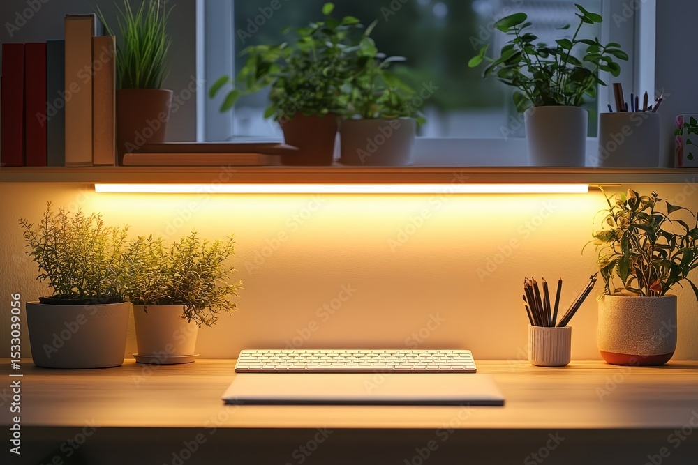 Poster modern workspace with stylish minimal design and ambient lighting creating a cozy atmosphere in a ho