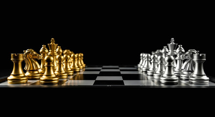 Gold and silver chess pieces arranged on a sleek black background, Generative AI.