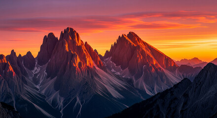 Dramatic mountain peaks at sunset with colorful sky and glowing horizon for travel and nature themes