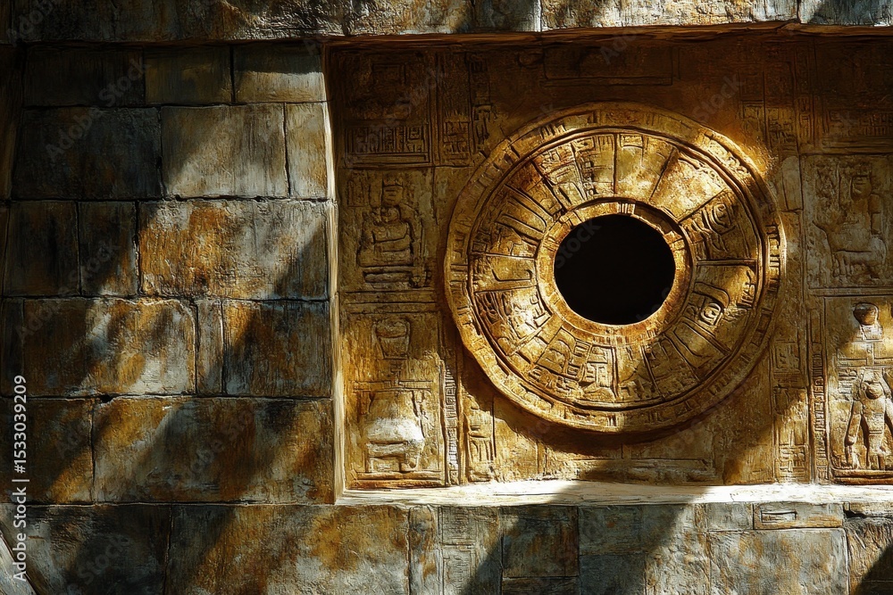 Poster stone wall with circular carved design and shadowed light patterns.