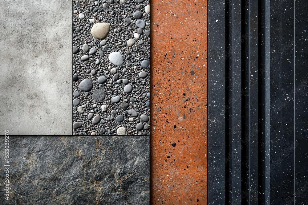 Poster Variety of textured stones arranged in a mosaic pattern showcasing different colors and finishes in a design layout