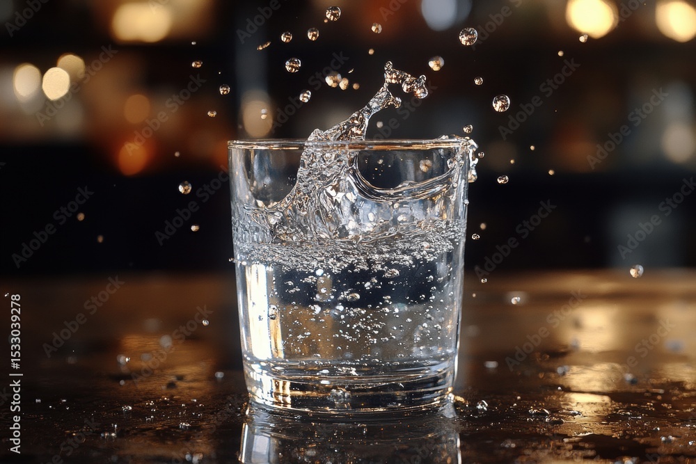 Poster water splashing dramatically in a glass with reflections and bubbles captured in a close-up setting 
