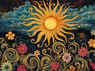 Stylized sun shines over a field of colorful flowers and swirling vegetation.