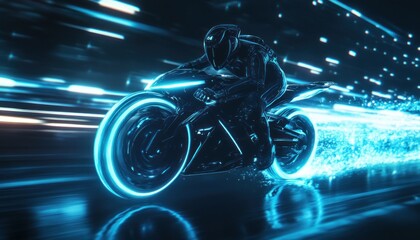 Futuristic motorcycle with glowing blue lights speeding through a dark digital environment design concept