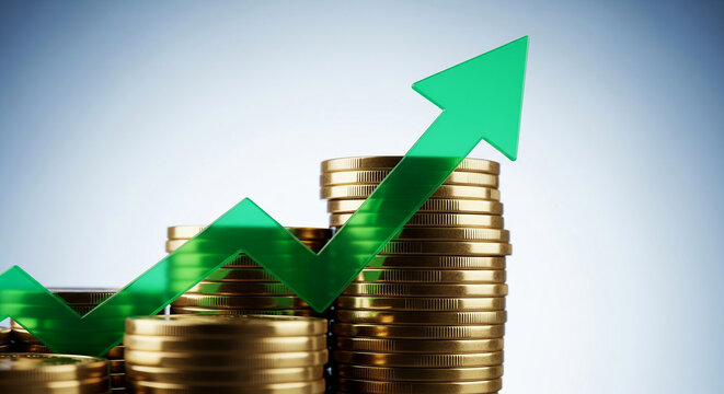 Stack of coins with rising green arrow indicating financial growth and investment success