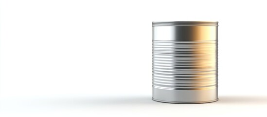 A close up of a ribbed metal can sitting on a white surface against a white background space