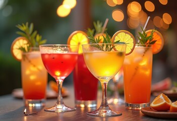 vibrant colorful cocktails citrus garnish refreshing drink refreshment beverage party mood cocktail glasses, garnished, fruits, summer, orange, lemon, lime