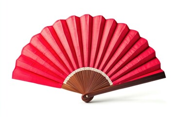 Close up of a red hand fan with wooden handle and decorative trim on a white background studio shot