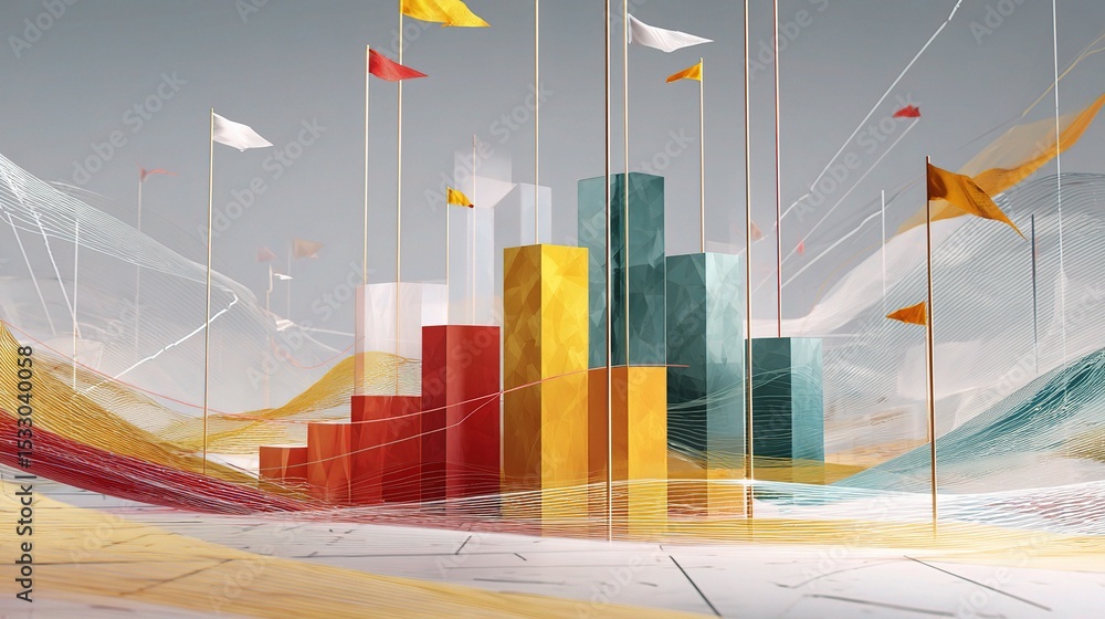 Poster 3d bar diagrams with line plots and signal waves in abstract space