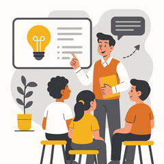 Flat 2D illustration of a cheerful teacher guiding a group of diverse students during an engaging classroom session, representing inclusive education and group learning.